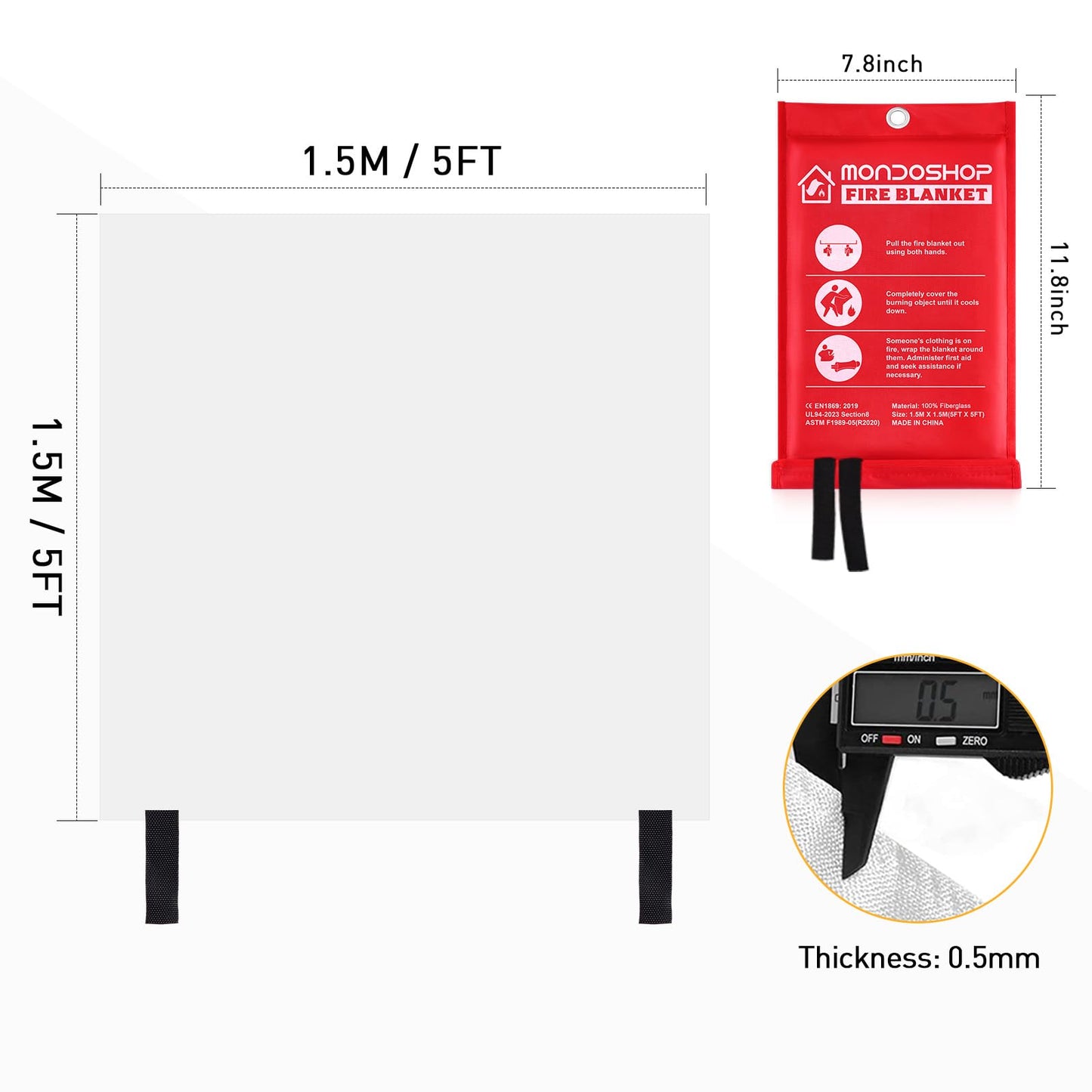 Mondoshop Fire Blanket Emergency for Home and Kitchen - 2 Pack 60"x60" Fire Blankets Fire Resistant Blanket for Camping, Grill, Car, Office, Warehouse, School, Picnic, Garages, Workshops