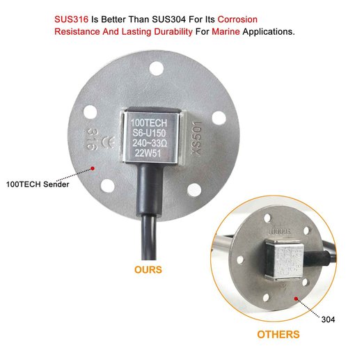100TECH High Resolution Marine Fuel Sending Unit with Gauge 6"(150mm) SUS316 Stainless Steel Fuel Water Level Sender Unit and Gauge for Boat Truck RV 240-33ohm