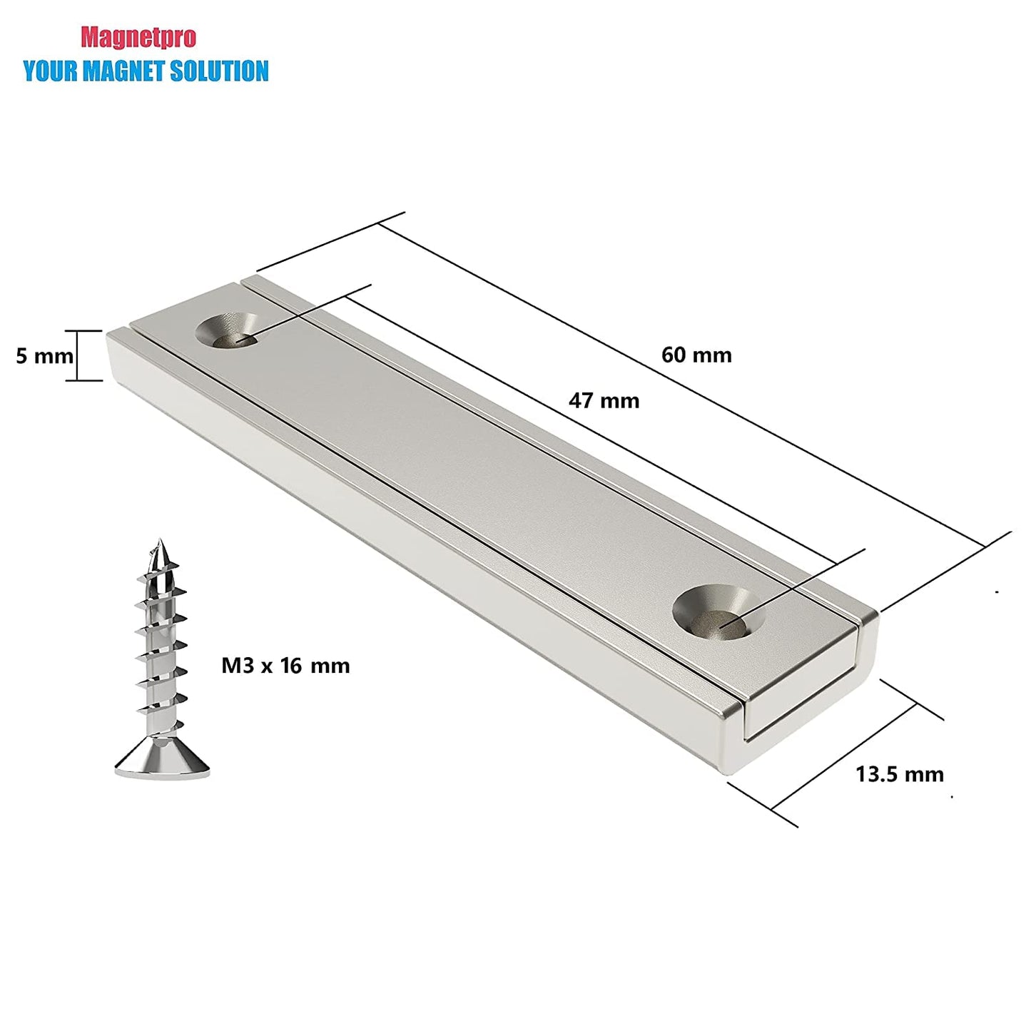 Magnetpro Neodymium Rectangular Magnets 70 LB Force Size 2.36" x 0.53" x 0.20" with Countersunk Hole and Steel Capsule, Strong Household and Industrial Rare Earth Magnet with Screws Pack of 8