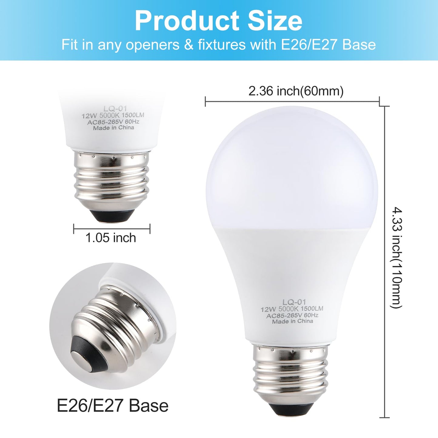 LQ BSDERA 2PK Garage Door Opener Light Bulbs, 5000K Daylight, 1500LM Ultra Bright, Minimize Interference, Compatible with Most Garage Door Openers, 12W, 120V, A19 Bulbs with E26 Base