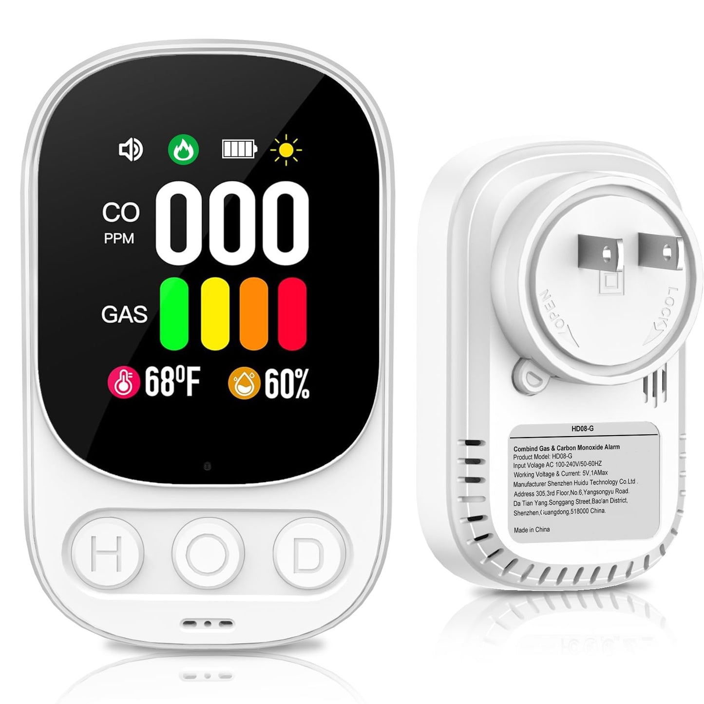 Carbon Monoxide Detectors Plug in & Natural Gas Leak Detector, 4-in-1 Portable Carbon Monoxide Alarm Propane Gas Detector, Temp Humidity, HD Screen CO Detector for Travel Home Hotel Camping RV (White)