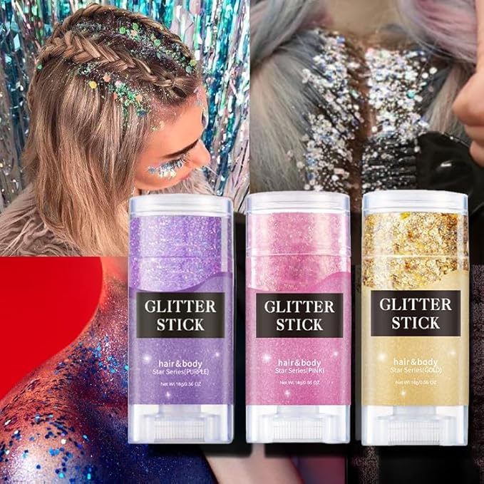 Face and Body Glitter Stick, Singer Concert Music Rave Face Body Sequins Glitter Stick for Women Face/Body/Hair/Eyes/Lip Glitter Makeup. (Pink)