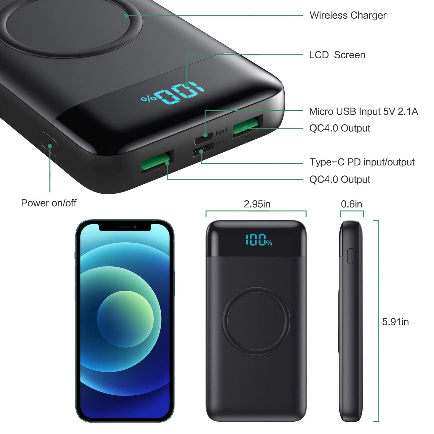 Wireless Portable Charger 30,800mAh 15W Wireless Charging 25W PD QC4.0 Fast Charging Smart LCD Display USB-C Power Bank, 4 Output External Battery Pack Compatible with iPhone 16/15/14/13, Samsung etc