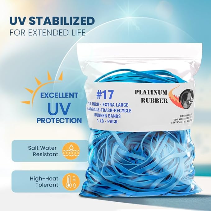 Garbage Trash Can Rubber Bands Blue Large Size 17" Inch Rubberbands Kitchen Compactor Tote Bin 55-65 Gallon 95 96-100 Gal Toter Oversize Big bag liner holder, 55 Drums Litter Pails Buckets (10-PACK)