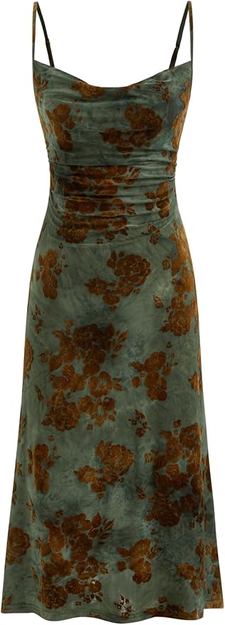 CIDER Womens Velvet Dress Floral Sleeveless Spaghetti Strap Ruched Midi Club Party Wedding Guest Dresses