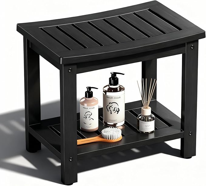 Psilvam Poly Lumber Shower Bench with Storage Shelf, Non-Slip Design, Water Resistant for Bathroom & Living Room (Black)