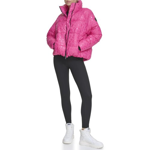DKNY Women's Performance Repreve Fill Boxy High Low Puffer, Peacock Jumbled Logo