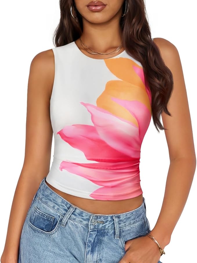 ZESICA Women's 2026 Summer Sleeveless Floral Tank Tops Mesh Y2K Crop Going Out Outfits Beach Vacation Trendy Clothes