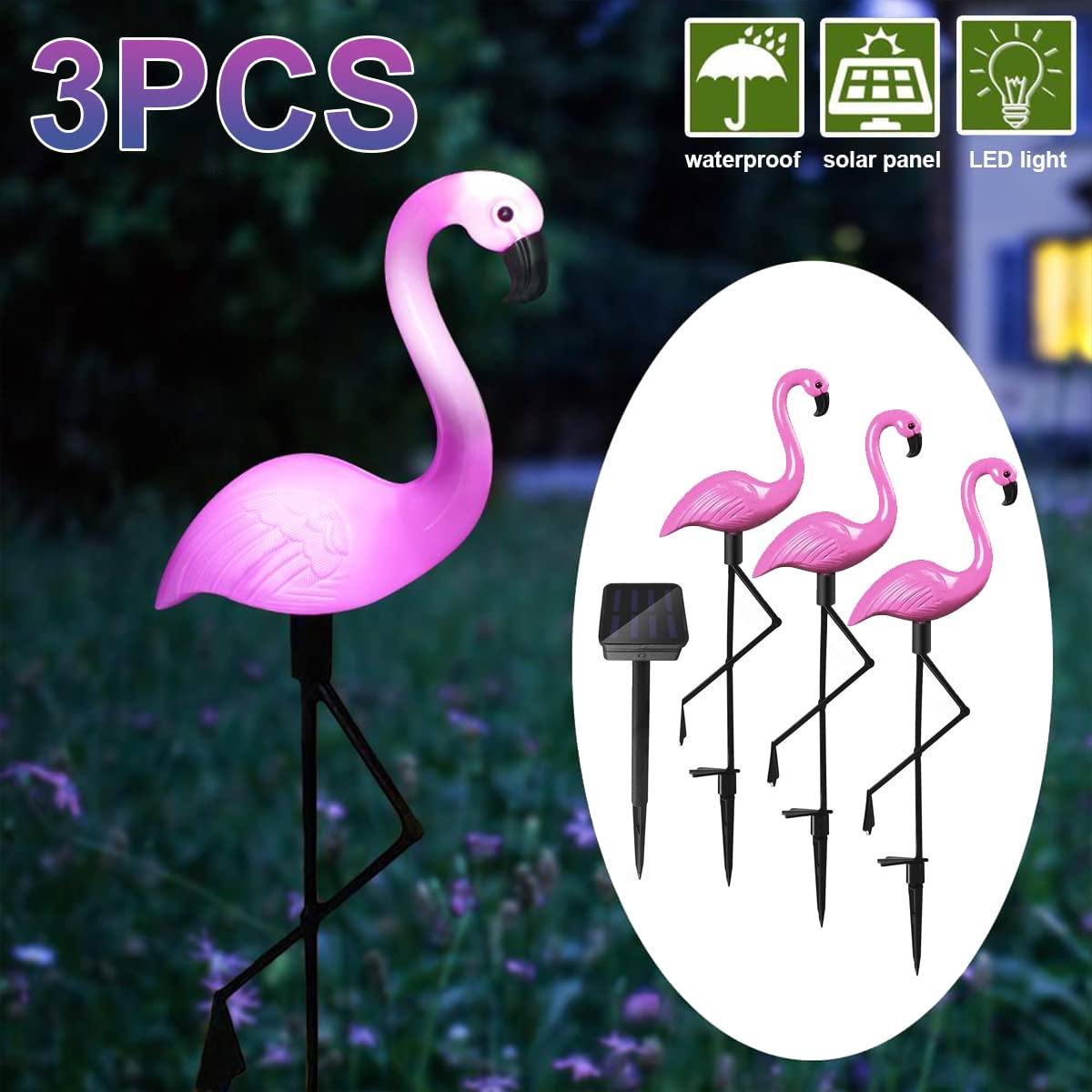 Ratopo Solar Flamingo Light 3 Pcs, Waterproof Solar Garden Lights Outdoor Decor, Pink Flamingo Garden Decor, Birthday Christmas New Home Gift, for Yard Lawn Walkway Pathway