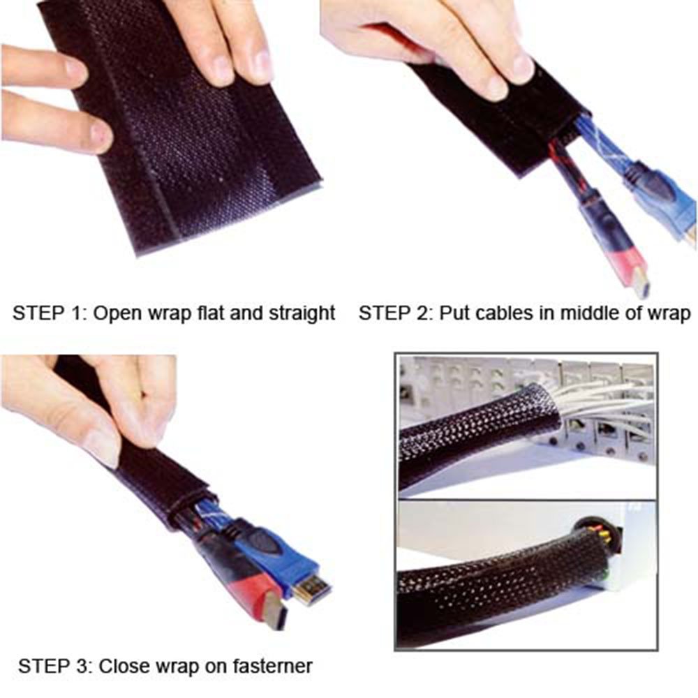 Electriduct 3  Side Entry Cable Wrap Braided Sleeving With Hook & Loop Fastener - 10 Feet (Black)