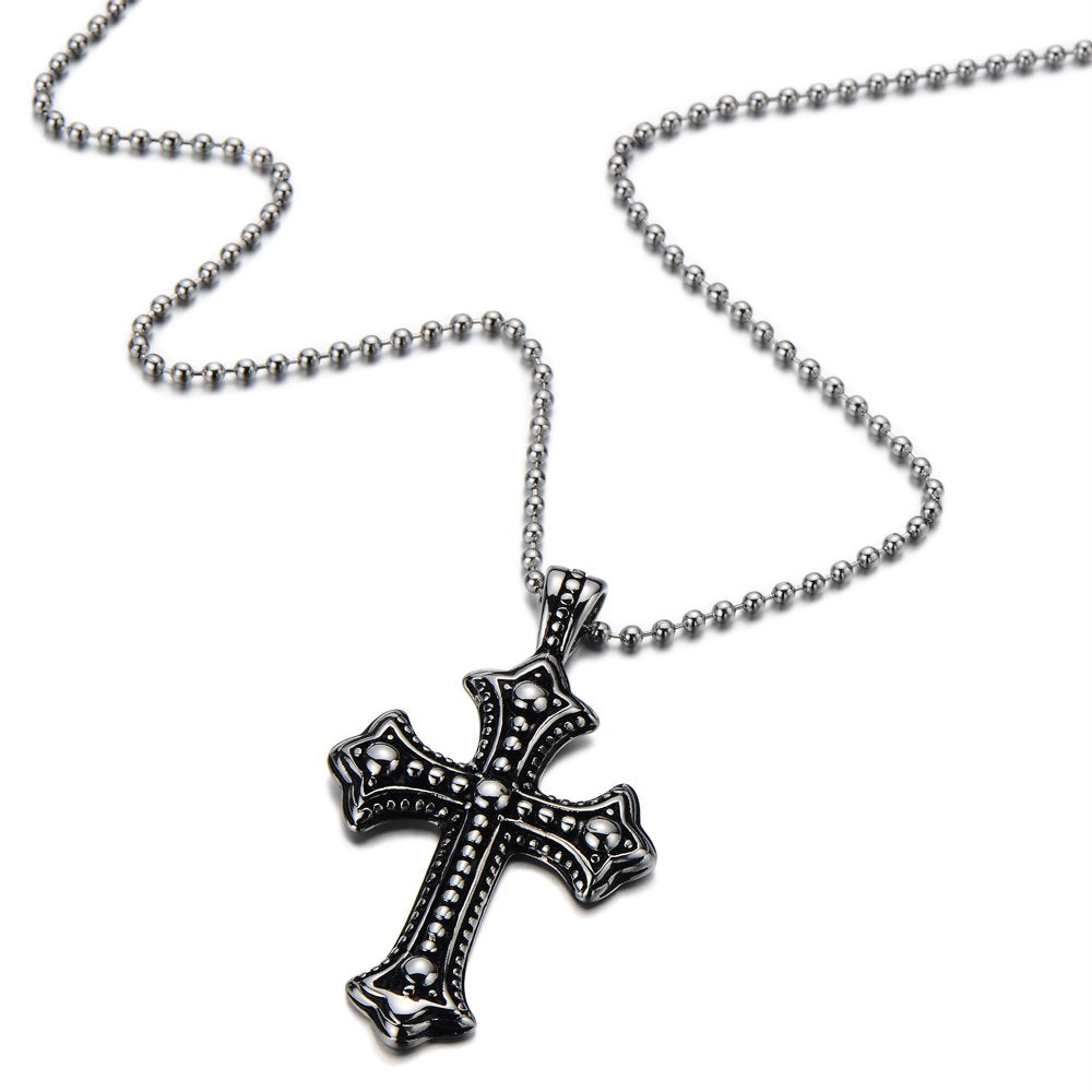 COOLSTEELANDBEYOND Gothic Vintage Cross Pendant Necklace Stainless Steel Unisex Silver Black Two-tone 23.6 in Ball Chain
