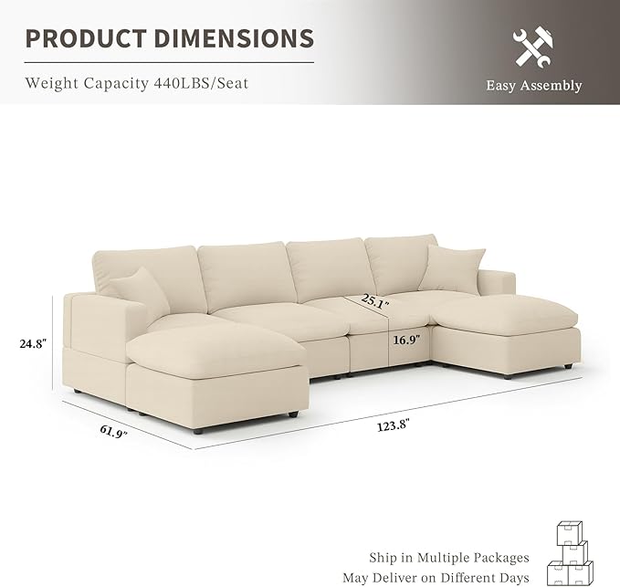 Cloud Couch Modular Sectional Sofa, 123.8" 6-Seater U Shaped Sectional Couches for Living Room, Convertible Cloud Sofa with Ottoman, Down Filled Wide & Deep Seat, Removable Washable Cushion Covers
