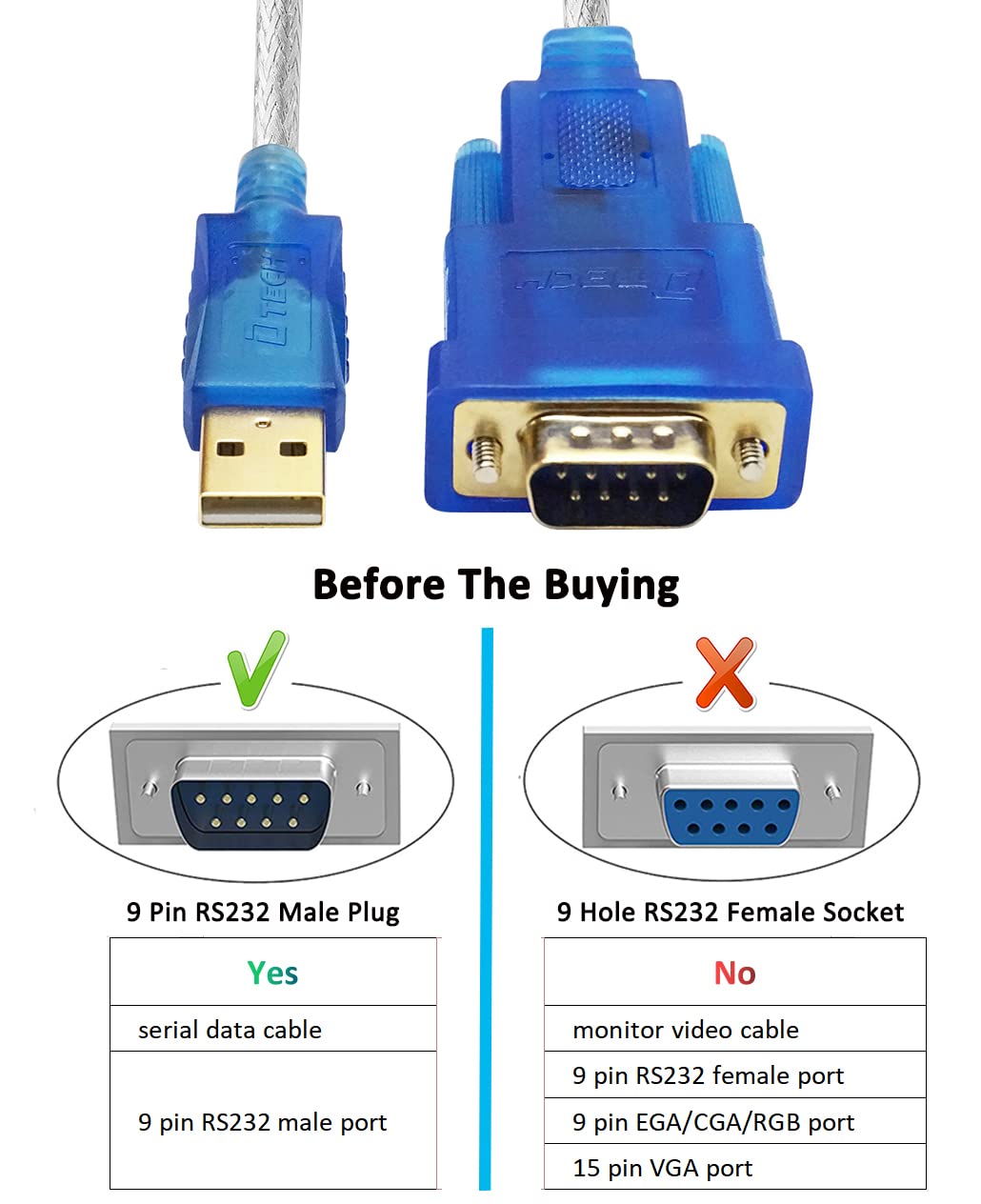 Dtech Usb To Serial Adapter Cable With Rs232 Db9 Male Port Ftdi Chipset Supports Windows 10 8 7 And Mac Linux - 4 Feet