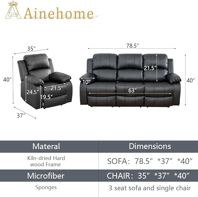 A Ainehome Living Room Furniture Set Leather Recliner Sofa Set Loveseat Chair Furniture Sofa Set for Living Room/Small Space/Rv/House/Office/Theater Seating (A-Black Leather, Sofa+Chairs)