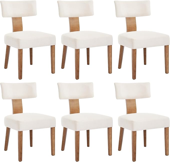 KHISCHMO Mid Century Modern Dining Chairs, Upholstered Linen Fabric Chairs with Curved Backrest and Wood Legs, Comfy Kitchen Vanity Chairs for Dining Room/Living Room/Kitchen, Set of 6 Beige