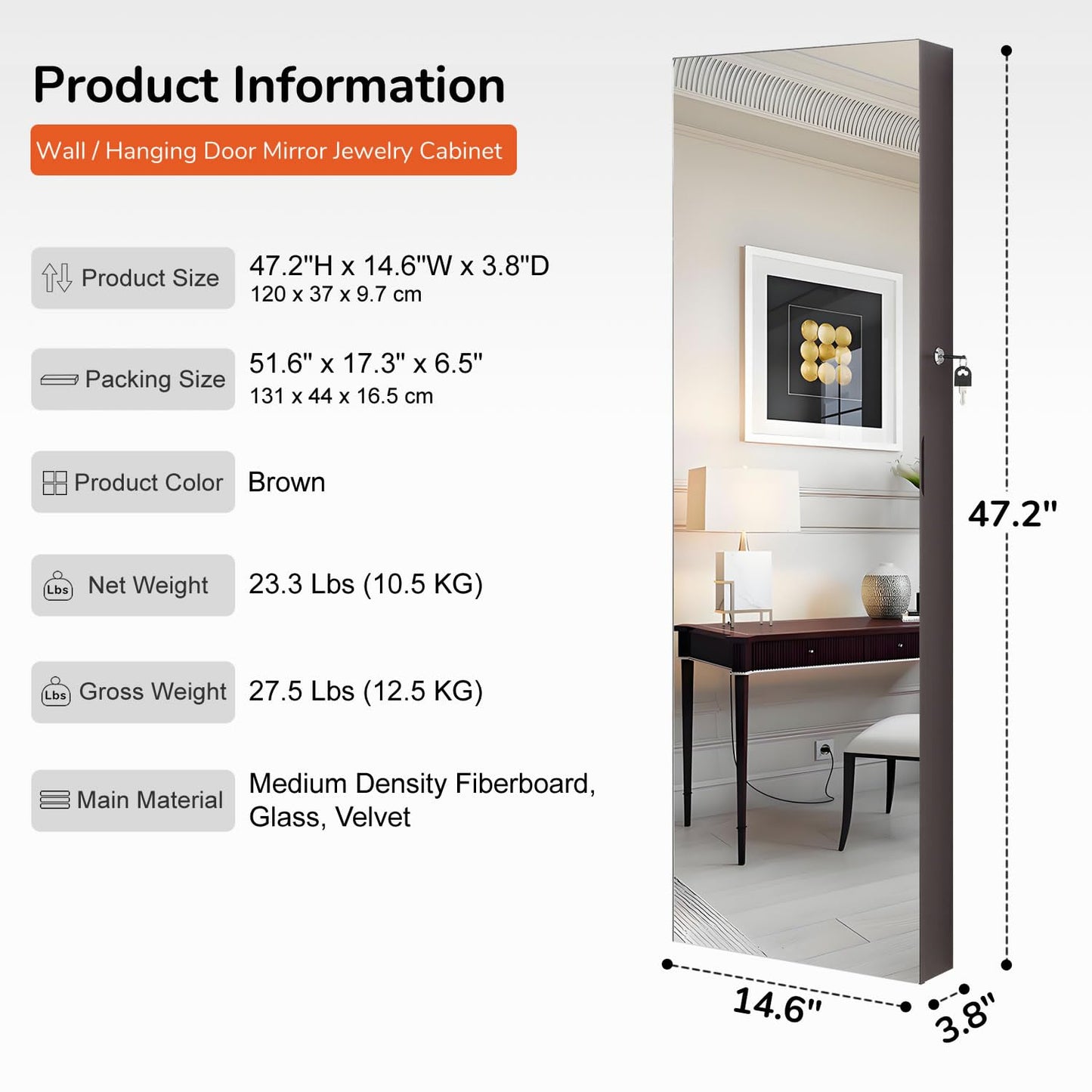 GISSAR Full Length Mirror Jewelry Cabinet, 6 LEDs Jewelry Armoire Wall Mounted Over The Door Hanging, Jewelry Organizer Storage with Lights Lockable, Brown, 14.6" x 47.2"