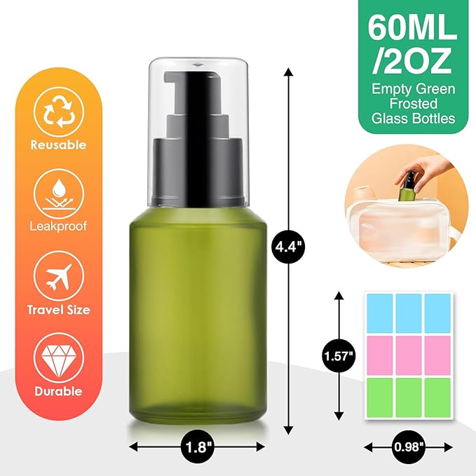 3PCS 60ML/2OZ Empty Green Frosted Glass Bottles with Pump Refillable Vial Cosmetic Dispenser Jars Storage Travel Lotion Container Portable Sample Bottle for Toiletries,Foundation,Cream,Gel,Lotion