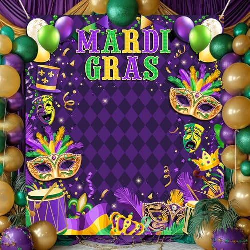 AIBIIN Mardi Gras Backdrop Mardi Gras Decorations Photo Booth Props Carnival Masquerade Mask Banner Purple Glitter Beads M...