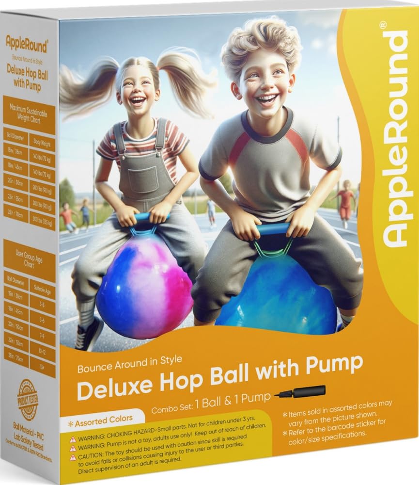 AppleRound Hippity Hoppity Hop Ball with Air Pump - 15in / 38cm Diameter, for Children Ages 3-6, Kangaroo Bouncer Sit-on Bouncy Ball with Handle
