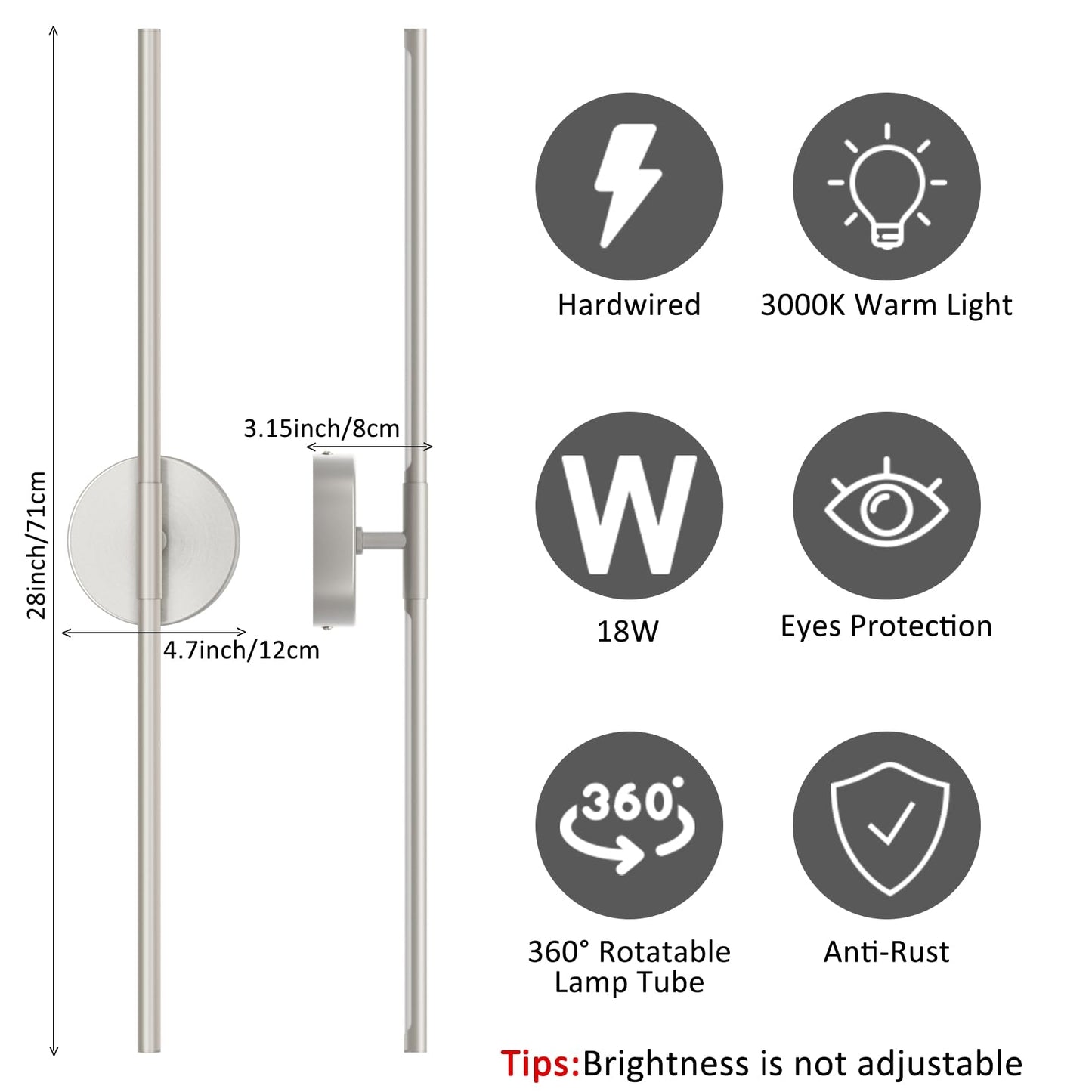 Coinmit 28In Sand Nickel Wall Sconces Set of Two Hardwired 3000K LED Modern Vanity Light 360° Rotatable for Living Room Bedroom Bathroom(2 Pack)