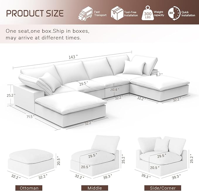 Forest aesthetics Modular Sectional Sofa,Extra Comfty Deep-Seat-Filled Couch, White 6 Seat U Shape Sofas with Movable Ottoman, Modern Couches for Living Room, Apartment, Office,Small Space