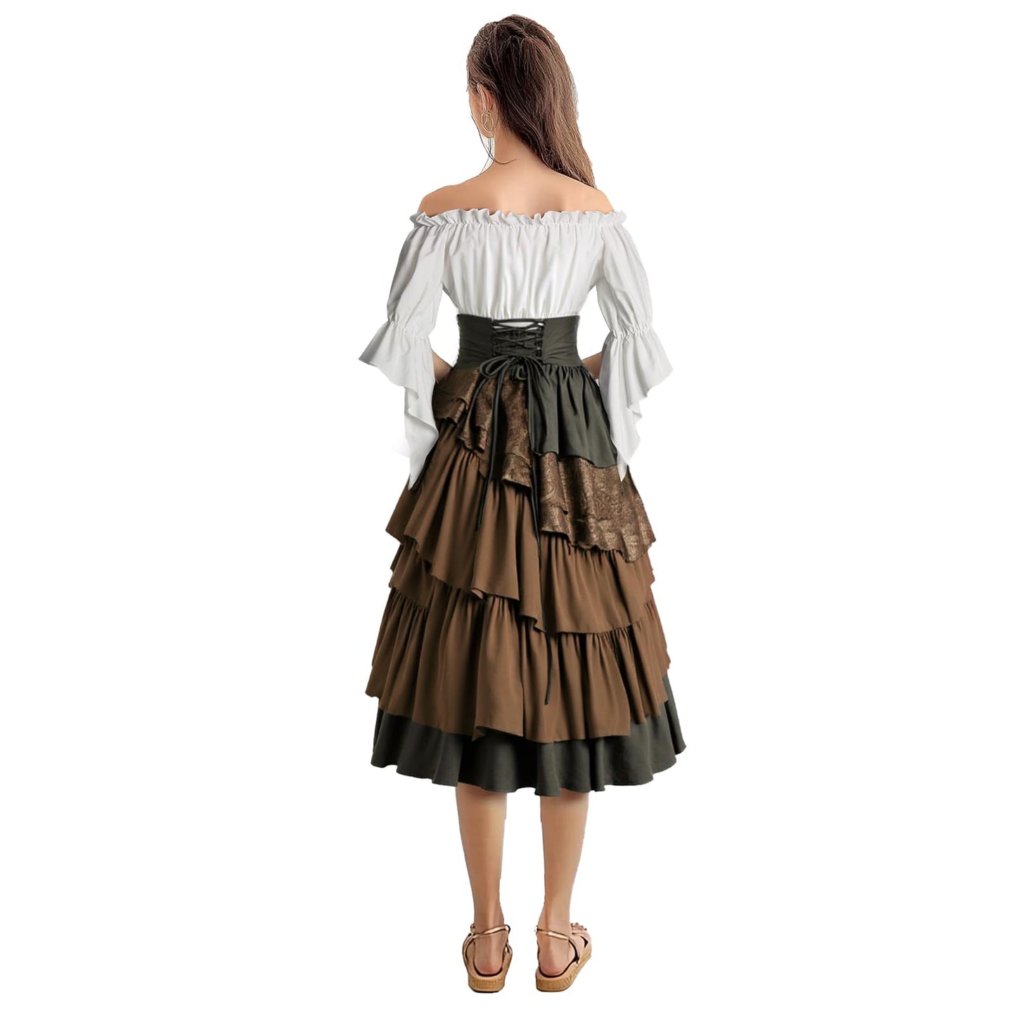 IWQBQ Women's Pirate Costume Retro Renaissance Cosutmes Women Layered Ruffle Viking Outfit Set(Z2886BNST,2XL)