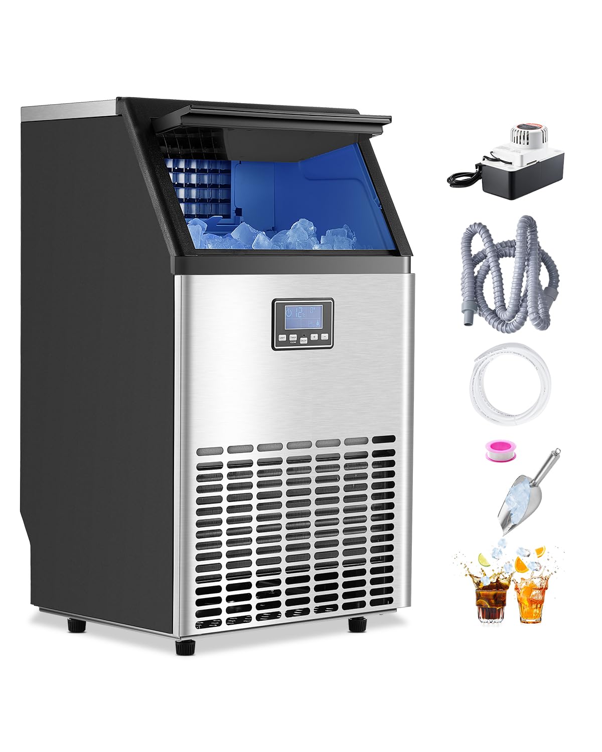 Vevor 100Lbs/24H Commercial Ice Maker Machine With Drain Pump, 33Lbs Storage Capacity Ice Maker, 45 Ice Cubes In 15 Minutes, Led