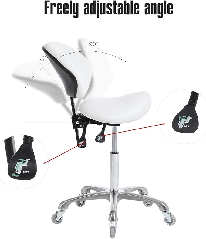FRNIAMC Hydraulic Saddle Rolling Adjustable, Heavy-Duty (350 lbs) Stool Chair for Beauty Salon Massage Dental Clinic Home Office Use(White, Updated to Soft Wheels)