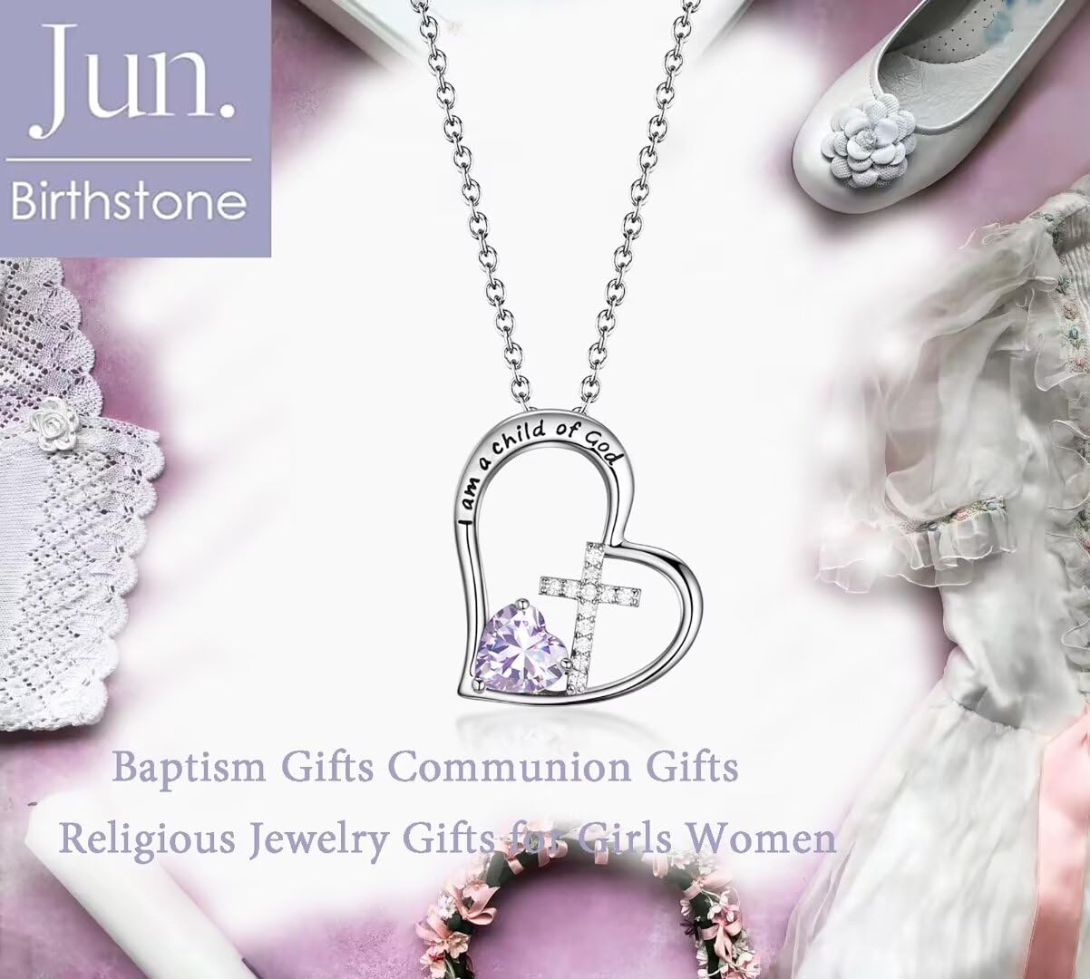 Birthstone Cross Necklace for Little Girls Baptism First Communion Gifts I Am a Child of God Easter Birthday Christmas Gifts Kid