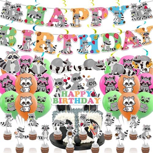 Raccoon Party Decorations Birthday Party Supplies Includes Banner Spirals Cake Topper Cupcake Toppers Balloons For Woodlan...