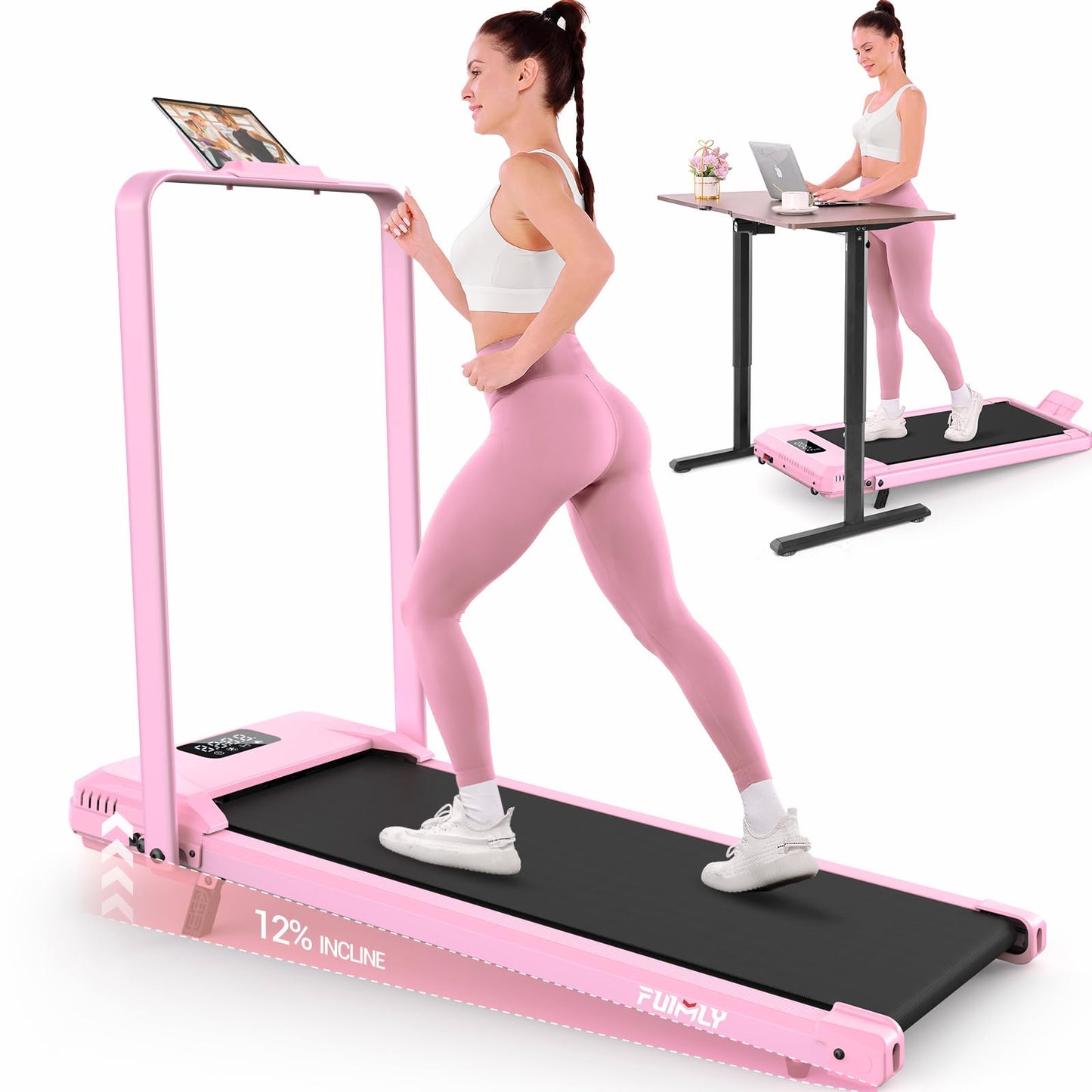 FUNMILY Foldable Walking Pad with Handle Bar, 4 in 1 Under Desk Treadmill with Incline, 2025 Upgraded Smart Folding Treadmill for Home/Office, 300 lbs Weight Capacity, Ultra-Quiet