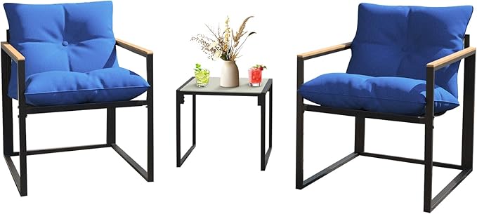 Ophelian 3-Piece Bistro Indoor Patio Set, Textilene Outdoor Patio Furniture,2 Single Chair with Integrated Seat Cushion and 1 Glass Coffee Table,Black/Blue