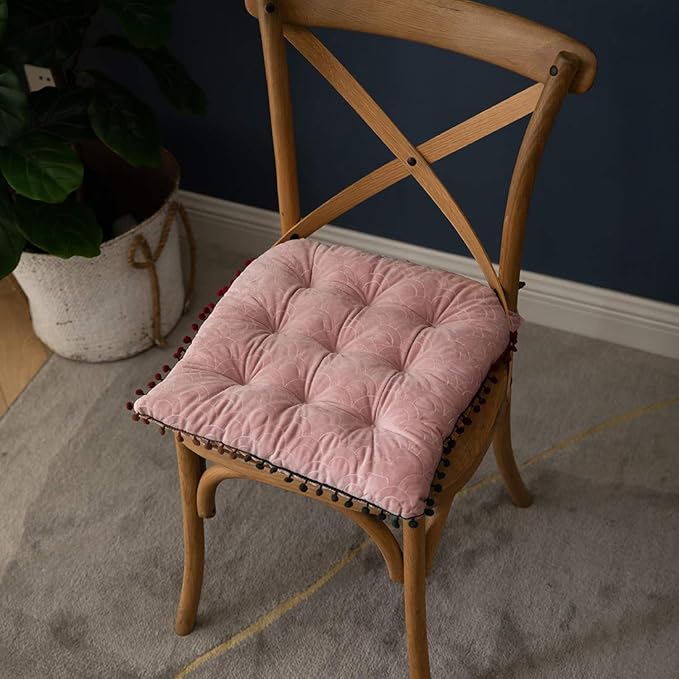 vctops Velvet Soft Square Chair Pad with Ties Cute Gradient Pom Pom Indoor Dining Chairs Cushion (Pink, 16" x 16")