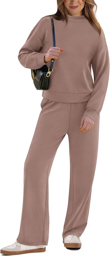 WIHOLL Two Piece Sets for Women Fall Outfits Lounge Sets Mock Neck Tops Wide Leg Pants Vacation Travel Airport Outfits