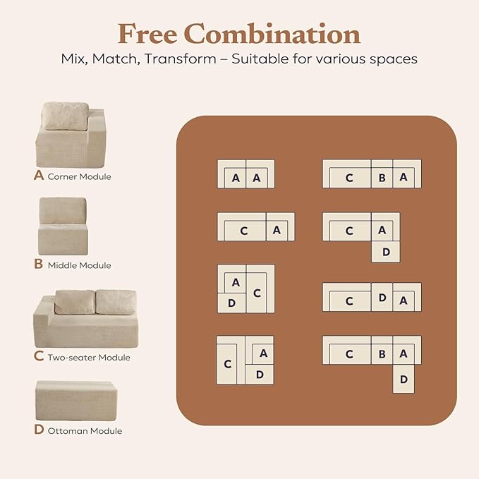 Furnify 30" Modular Upholstered Foam Couch, Upholstered Floor Sofa Couch with Pillow, Bean Bag Chair for Bedroom Living Room, No Assembly Required (Corduroy Fabric, Beige)