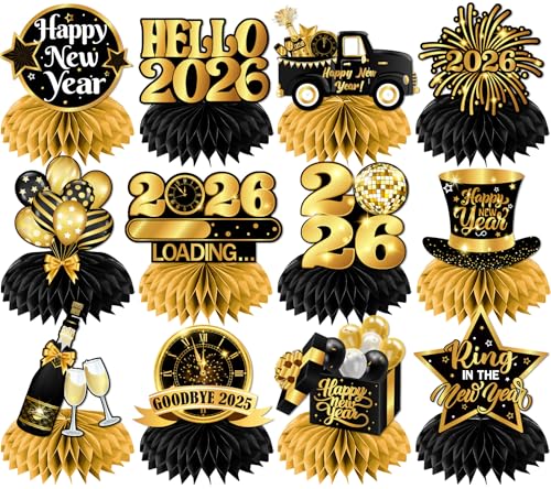 New Year Table Decorations 2026,12pcs Happy New Year Honeycomb Centerpiece Black and Gold New Years Eve Table Centerpiece,...