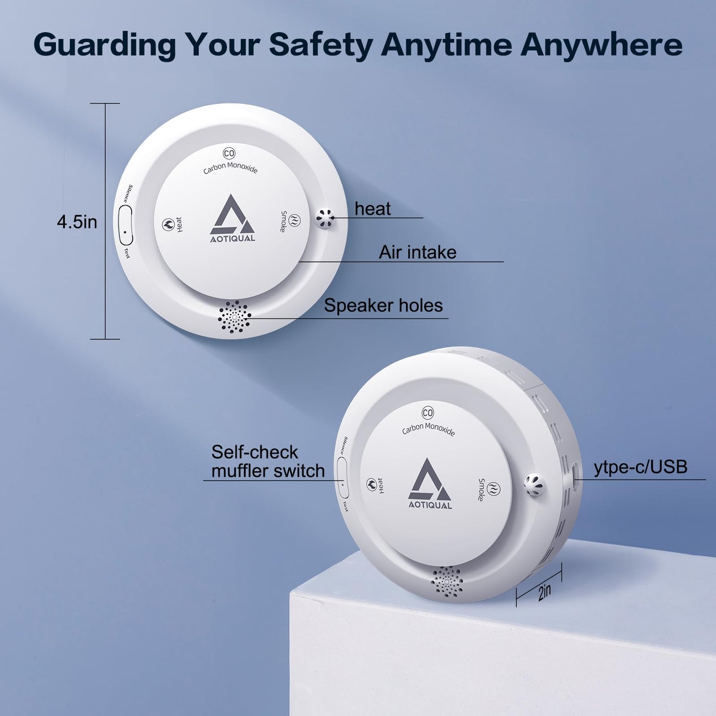 Smoke and Carbon Monoxide and Heat Detector 3-in-1 CO/Smoke/Temp Alarm 10-Year Battery, 85dB Voice Alert, Explosion-Proof ABS, Easy Installation Home Safety Device (Includes AA Batteries)