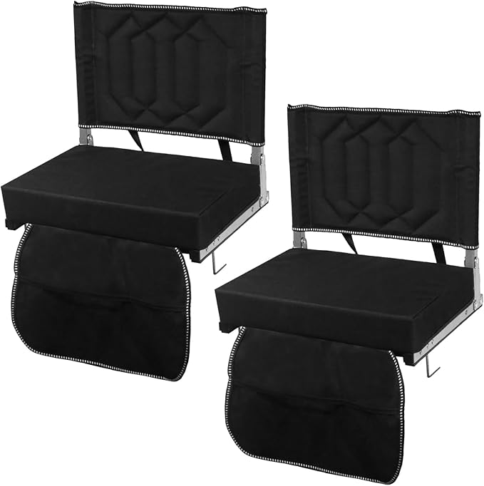 Comfortable Stadium Seats for Bleachers with Back Support & Cushioned Seat, Shoulder Strap, Carry Handle, and Storage Pockets, Perfect for Sports, Concerts, Camping & Outdoor Events, 2pack, Black