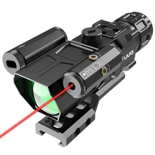 UUQ 4X32 Prism Optics Rifle Scope with Red Laser,Red Illuminated Reticle,Upgraded Buttons,and Glass Etched Reticle 4X Magnification-Fits 20mm Free Mounts (Red Laser Above)