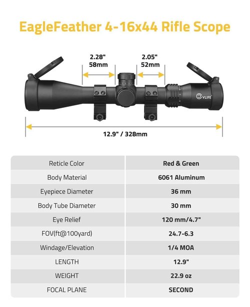 CVLIFE EagleFeather 4-16X44 Side Focus Parallax Rifle Scope for Hunting, Illuminated Mil-Dot Reticle, 30mm Tube Long Range Scope, Second Focal Plane Riflescope