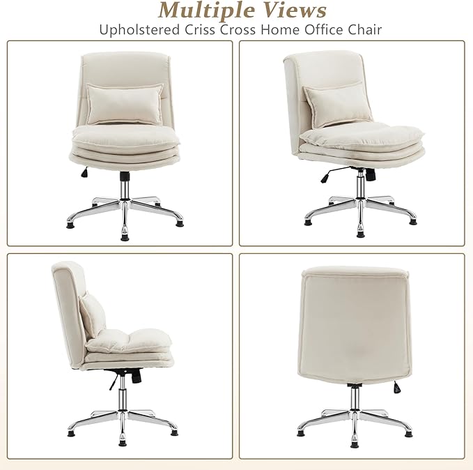 VINGLI Cloud Criss Cross Legged Chair,18" High Back Armless Home Office Desk Chair no Wheel,Wide Adjustable Comfy Padded Seat Task Computer Chair,Modern Swivel Makeup Vanity Chair,Microfiber,Beige