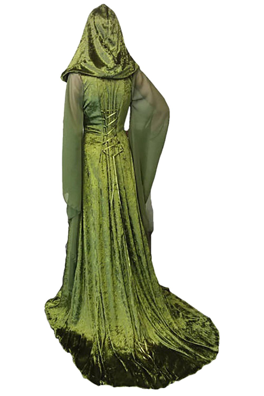 Sinastar Womens Medieval Dress Costume Hooded Lace Up Renaissance Velvet (100% Polyester) Trumpet Sleeve Gothic Green Gown
