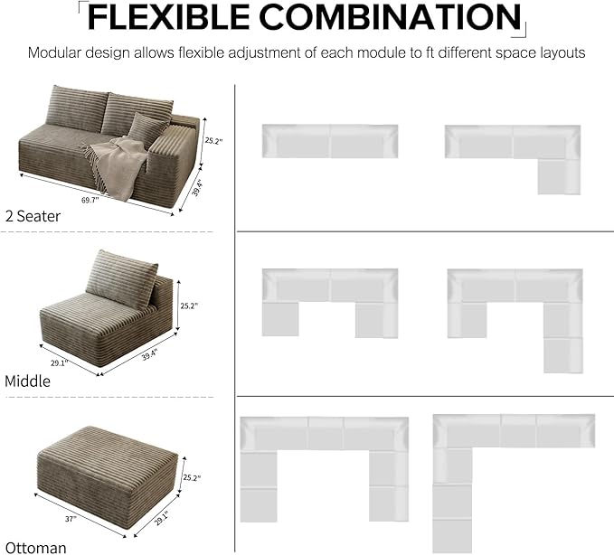 139.4" Modular Sectional Sofa, U-Shaped Minimalist Couches with Ottoman and Middle Seat, Modern Deep Seat Convertible Sleeper Sofa Bed, Reversible Chaise, Cloud Plush Corduroy Fabric,6 Seater, Camel