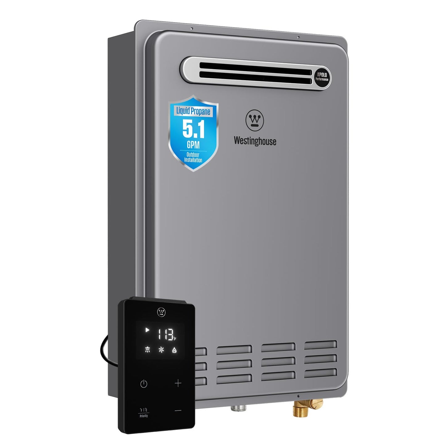 Westinghouse Smart Outdoor Propane Tankless Water Heater, 5.1 GPM 120,000 BTU Whole Home Instant Hot Water Heater, ±1°F Temp Stability, Non-Condensing for 2-4 Fixtures