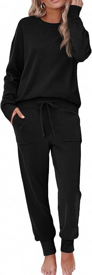 Ekouaer Women's 2 Piece Lounge Set Long Sleeve Knit Pajamas Sweatsuit Jogger Pant Outfits With Pockets S-XXL