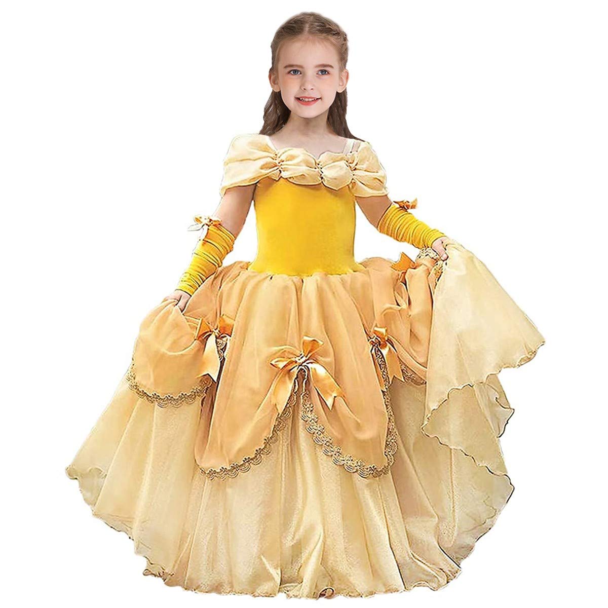 HOIZOSG Belle Princess Dress Up for Girls Beauty and The Beast Halloween Costume Christmas Birthday Party Gown w/Arm Sleeves 10-11T