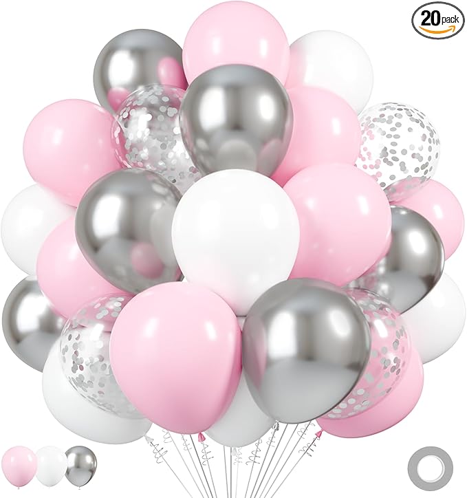 Silver Pink White Latex Balloons, 50 Pack 12 Inches Silver Confetti Party Balloon Metallic Balloons for Girl Baby Shower B...