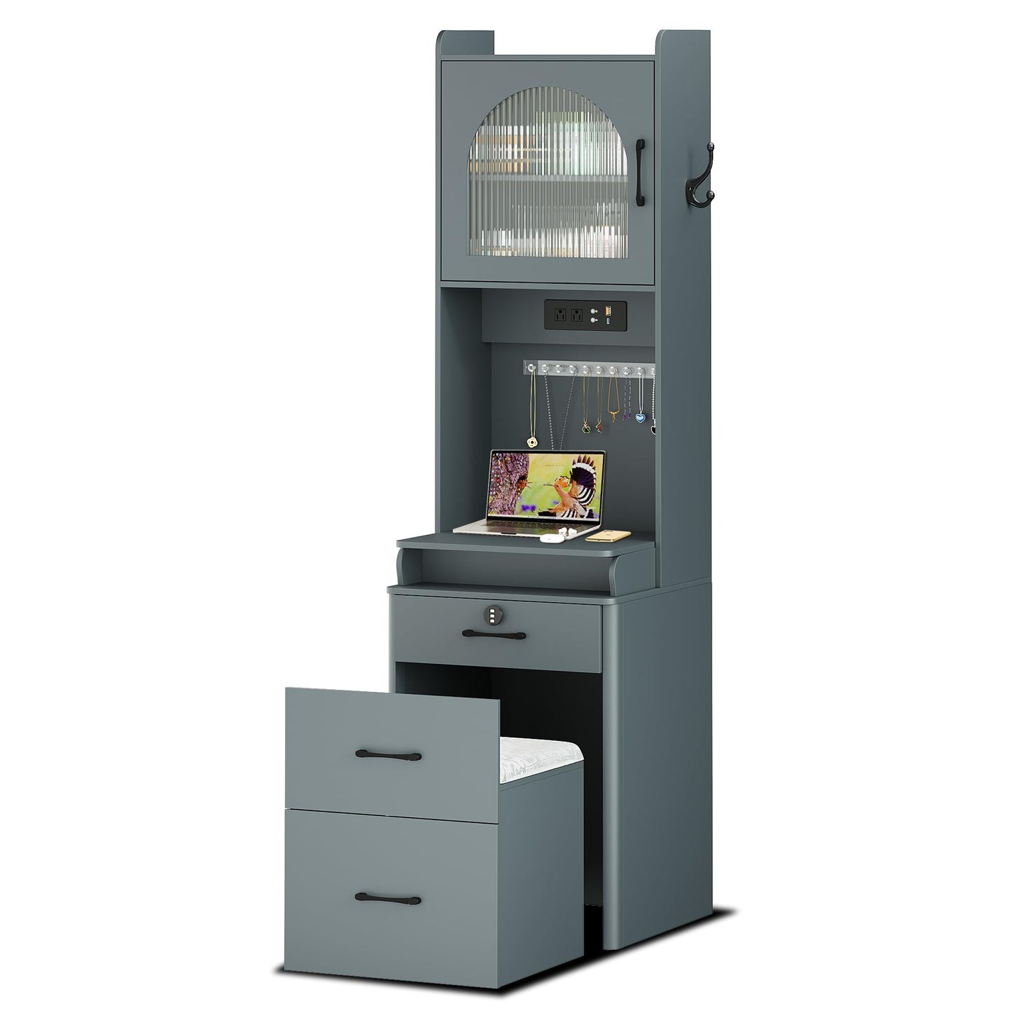 Makeup Vanity with Mirror and Lights, Vanity Desk with Drawers and Shelves, Makeup Desk with Storage Stool, Compact Vanity Table with Charging Station for Small Space, Grey