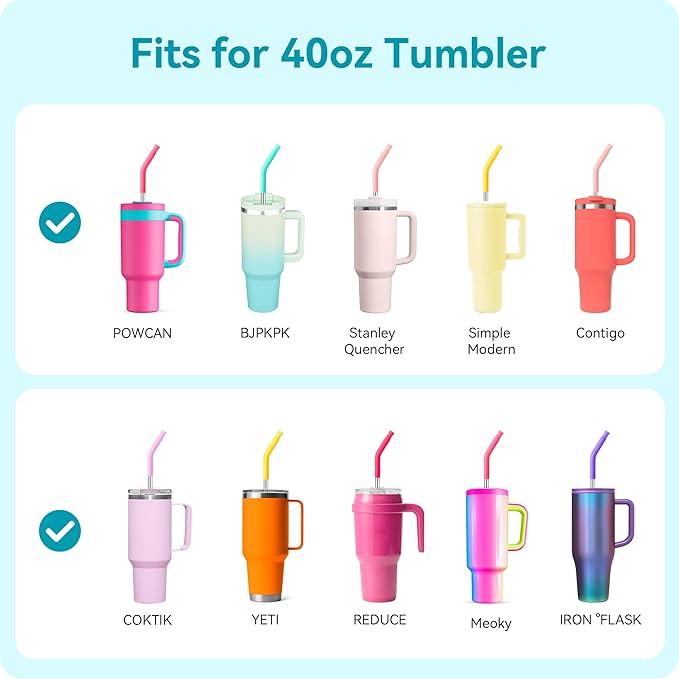 40 oz Straight Metal Straws for 40 oz Stanley Tumbler, 6Pcs Stainless Steel Reusable Drinking Metal Straw with Colourful Silicone Tips,Straw for Glass Cups, BPA FREE