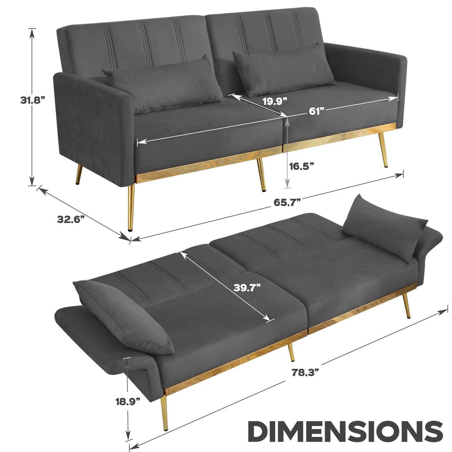 dannratch 70'' Futon Sofa Bed Velvet Convertible Sleeper Sofa Tufted Couch Bed with Adjustable Armrests and Backrest, Modern Loveseat Sleeper Bed with 2 Bolster Pillows for Living Room, Bedroom, Grey